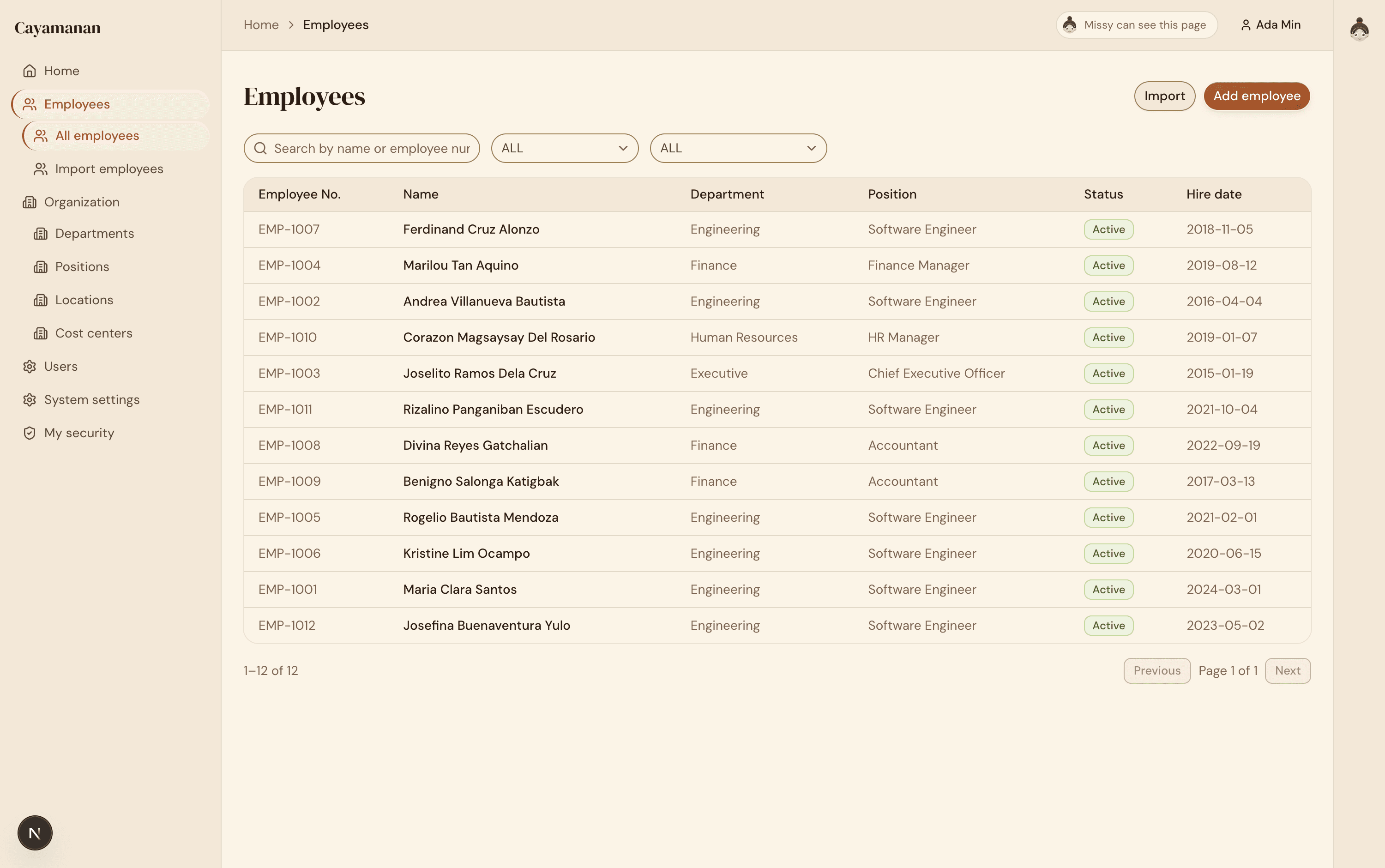The employee list in Cayamanan, showing employee number, name, department, position, status and hire date for twelve staff