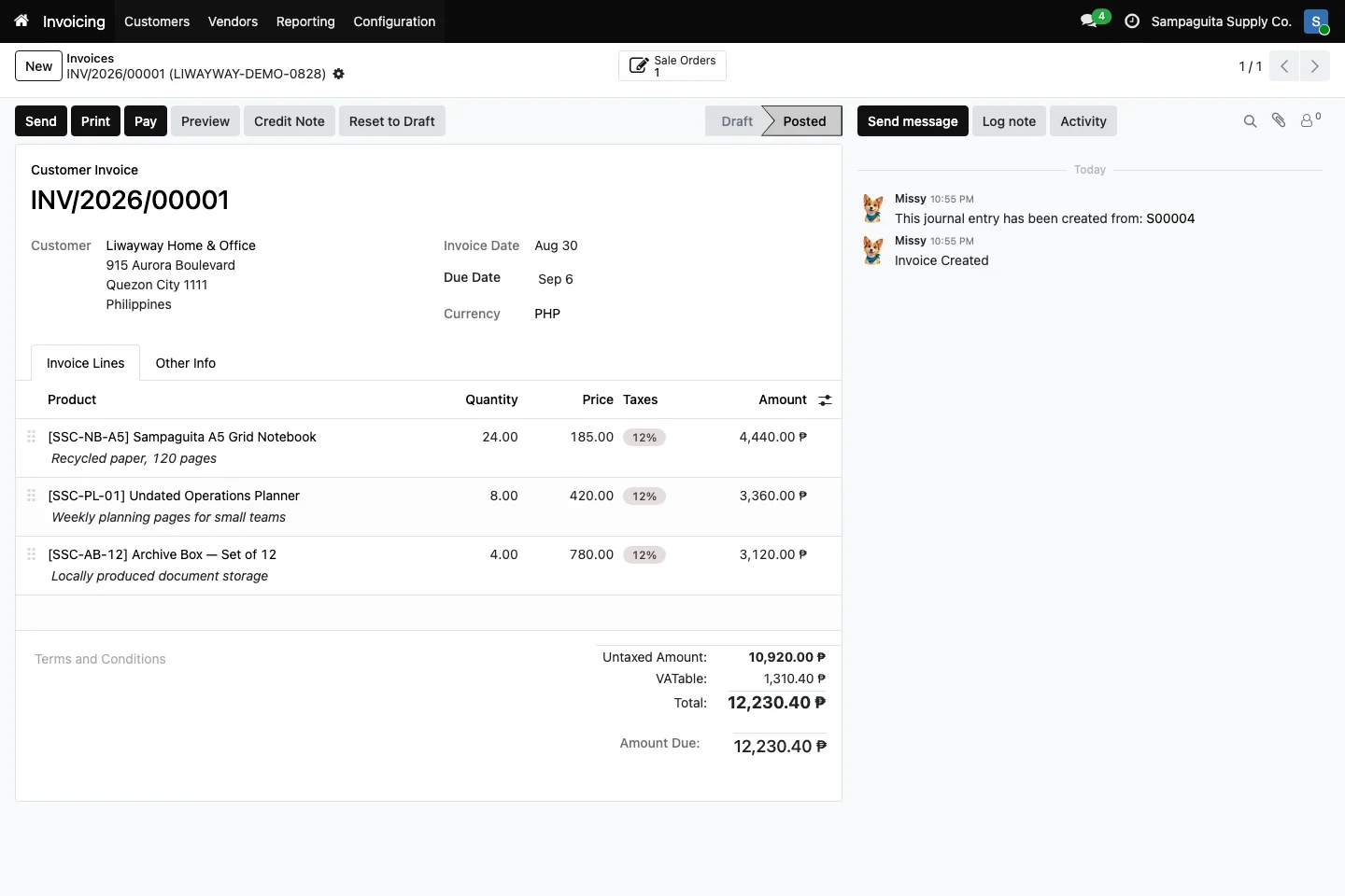 Cayamanan invoice with customer, due date, Philippine peso lines, tax, and total