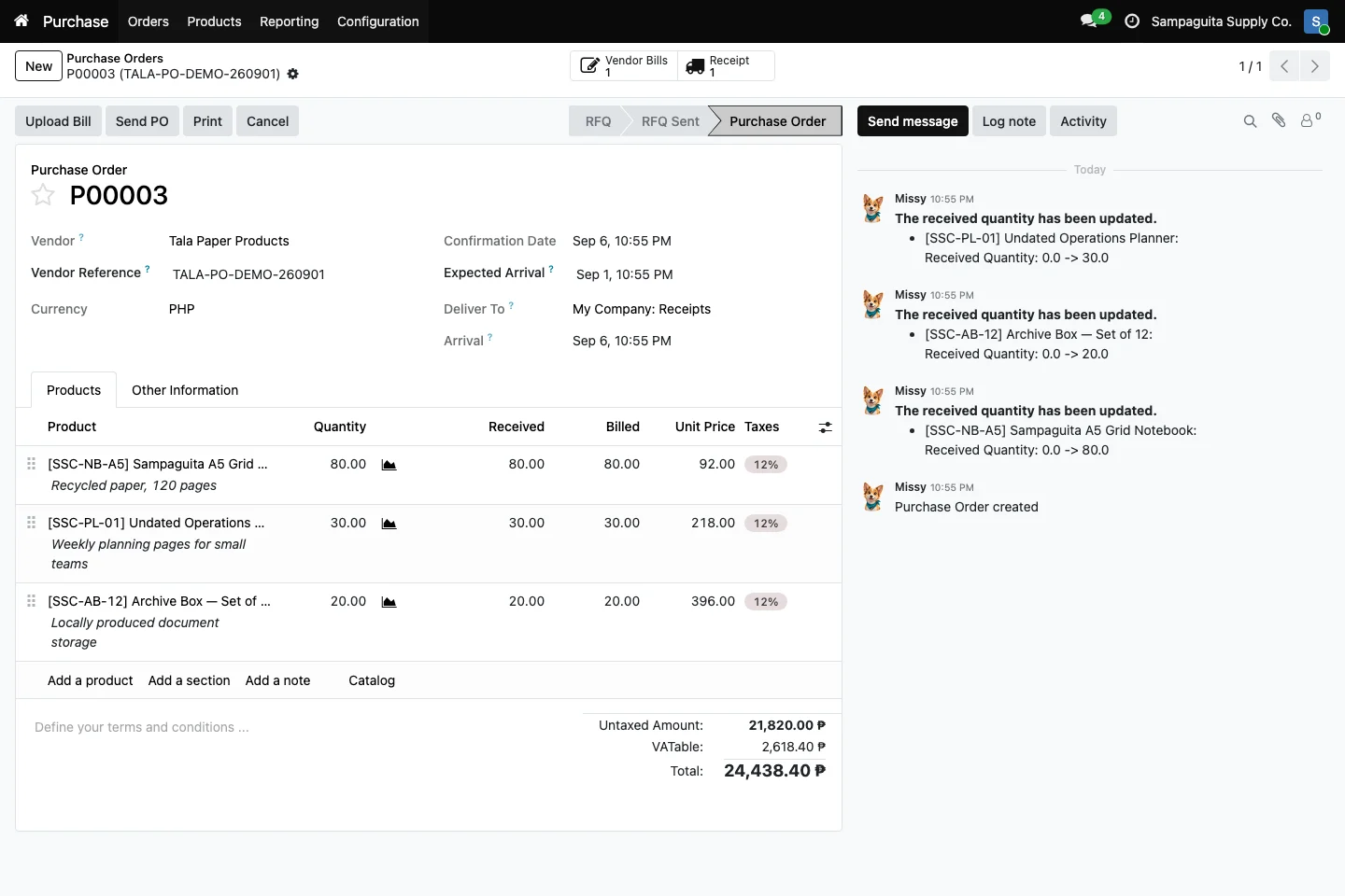 Confirmed Cayamanan purchase order showing ordered, received, and billed quantities